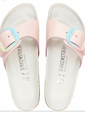Birkenstock Madrid Slide Sandals in Light Pink with Rainbow Buckles 40